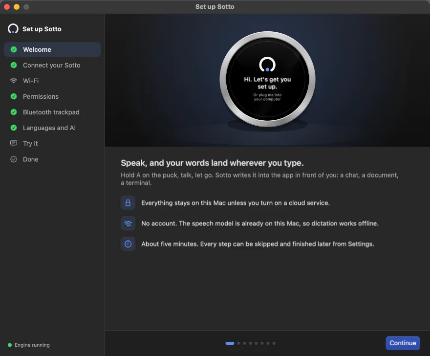 The Sotto Setup Assistant on a Mac, Welcome step